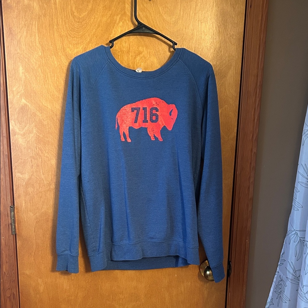 Blue Sweater with Red Graphic